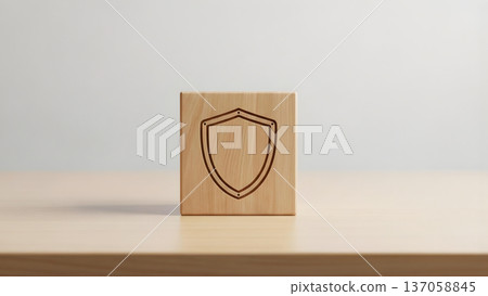 Minimalist Wooden Cube with Shield Security Icon 137058845