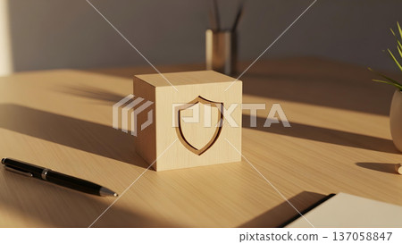 Minimalist Wooden Security Shield Block on Office Desk 137058847