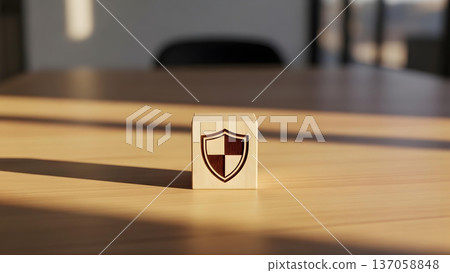 Minimalist Wooden Security Shield Block with Checkered Icon 137058848