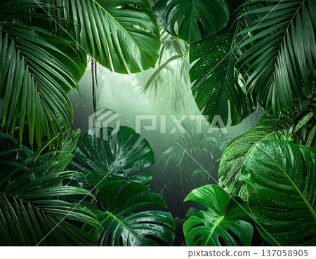 雨水浸潤的叢林，茂密的森林，鬱鬱蔥蔥的樹葉 137058905