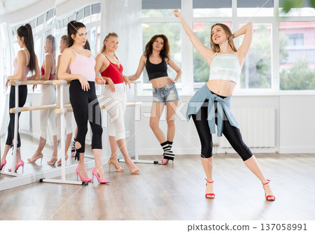 Visitors to choreographic class, observe professional rendering of dance elements performances couch Visitors to choreographic class, observe professional rendering of dance elements performances couch 137058991