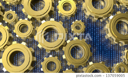 Digital Technology Concept with Golden Gears and Binary Code 3d render. Digital Technology Concept with Golden Gears and Binary Code 3d render. 137059005