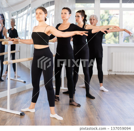 Young female ballerina performing second position at ballet barre Young female ballerina performing second position at ballet barre 137059094