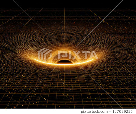 Glowing black hole gravity grid, golden spacetime vortex, abstract cosmic energy background 137059235