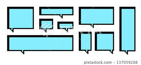 Light blue pixel text boxes. Square and rectangle pixelated chat frame collection. 8 bit border shape pack for speach box bubble, message cloud, communication dialog, talk balloon. Vector elements set Light blue pixel text boxes. Square and rectangle pixelated chat frame collection. 8 bit border shape pack for speach box bubble, message cloud, communication dialog, talk balloon. Vector elements set 137059288