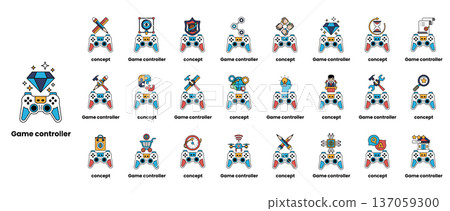 A collection of game controllers with various icons and symbols A collection of game controllers with various icons and symbols 137059300