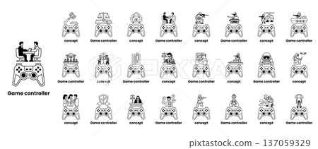 A collection of game controllers with a man sitting at a desk A collection of game controllers with a man sitting at a desk 137059329