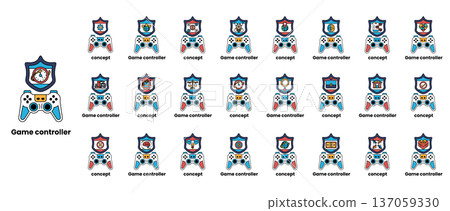 A collection of game controllers with a blue shield on the top A collection of game controllers with a blue shield on the top 137059330