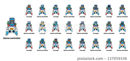 A collection of game controllers with a variety of colors and designs 137059336