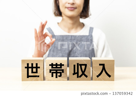 A woman wearing an apron and a block with the words "household income" written on it A woman wearing an apron and a block with the words "household income" written on it 137059342