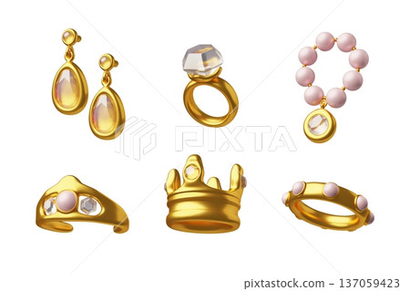 Luxury jewelry elements vector 3D collection, golden ring, crown, earrings, necklace and bracelet with gemstone, diamond Luxury jewelry elements vector 3D collection, golden ring, crown, earrings, necklace and bracelet with gemstone, diamond 137059423