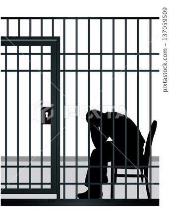 Silhouette of a man sitting behind prison bars stock illustration. Silhouette of a man sitting behind prison bars stock illustration. 137059509