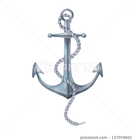 Sea anchor with a rope wrapped around it. Watercolor illustration. Hand drawn isolated art. Nautical design of ship and sail equipment. Composition for postcards, packaging and vintage style projects 137059602