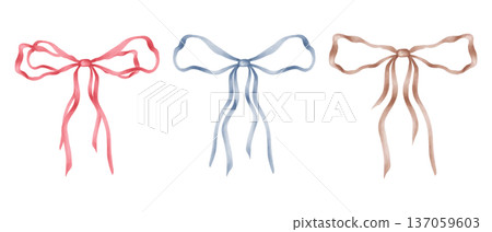 Clip art featuring a red, blue, and brown ribbon bow. Watercolor illustration. Hand drawn isolated art. Ribbon tied in a loose loop for decorating holidays, bouquets, birthday, decor and packaging 137059603