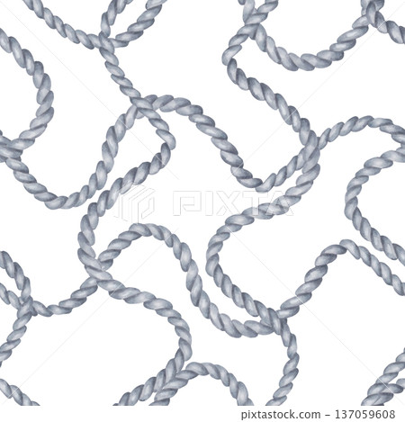 Seamless pattern of wavy gray rope. Watercolor, marker illustration. Hand drawn isolated art. Jute cord for fabric, sailing, textile and nautical theme, rustic decor, background. 137059608