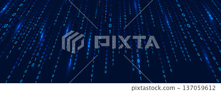 Binary Rain and code on blue abstract background. Computer technology. Matrix information and cyber security in futuristic or science fiction theme. Vector illustration Binary Rain and code on blue abstract background. Computer technology. Matrix information and cyber security in futuristic or science fiction theme. Vector illustration 137059612