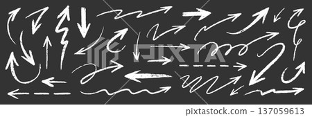 Arrow brush chalk set on blackboard. Arrow line hand drawn stroke with chalk marker crayon on chalkboard. Rough scribble doodle curve swirl underline dash kid fun texture. Vector Arrow brush chalk set on blackboard. Arrow line hand drawn stroke with chalk marker crayon on chalkboard. Rough scribble doodle curve swirl underline dash kid fun texture. Vector 137059613