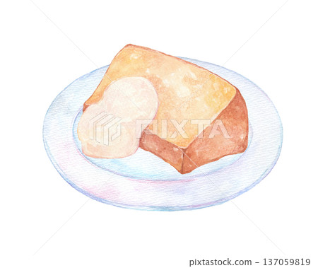 Chiffon cake on a plate, hand-drawn 137059819