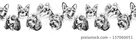 Seamless horizontal border with small dog breed portraits drawn in pencil. Hand drawn black and white chihuahua, pomeranian, yorkshire terrier and poodle heads form decorative repeating trim. Seamless horizontal border with small dog breed portraits drawn in pencil. Hand drawn black and white chihuahua, pomeranian, yorkshire terrier and poodle heads form decorative repeating trim. 137060051