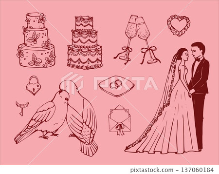 Whimsical Hand drawn Wedding celebration romantic elements, cute couple. Vector wedding sketch set. 137060184