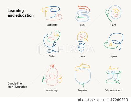 Learning and education doodle line icon set with certificate, book, school and study symbols. One line drawing vector illustration collection for education concepts colorful. Learning and education doodle line icon set with certificate, book, school and study symbols. One line drawing vector illustration collection for education concepts colorful. 137060563