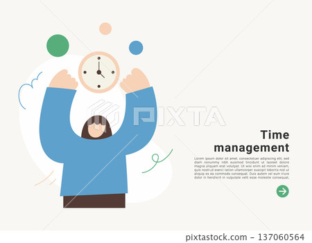 Time management banner with woman holding clock for productivity and efficiency. Flat design vector illustration template for time management, planning and workflow concepts. 137060564