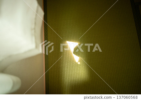 陽光透過窗簾的縫隙灑在榻榻米上。 137060568