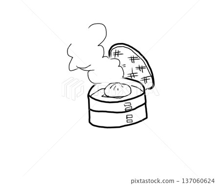Illustration of freshly steamed meat buns in a steamer with steam rising Illustration of freshly steamed meat buns in a steamer with steam rising 137060624