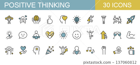 Positive thinking icon set, emotions, mental health, color 137060812
