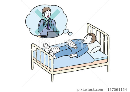 Illustration of a man who feels anxious about not being able to work due to hospitalization 4C 137061134