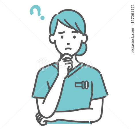 圖解:一位身穿手術服、憂心忡忡、沉思的女醫護人員(上身) 圖解:一位身穿手術服、憂心忡忡、沉思的女醫護人員(上身) 137061171