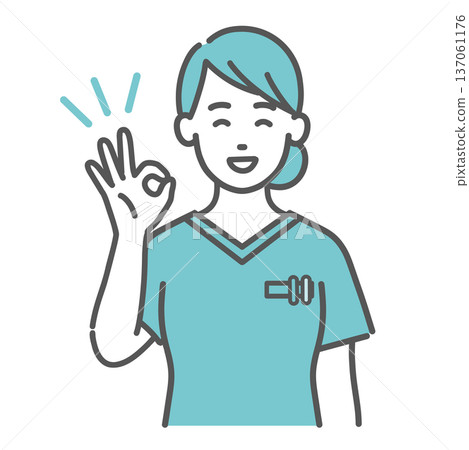 身穿手術服的女醫護人員做出「OK」手勢的插圖(上身) 身穿手術服的女醫護人員做出「OK」手勢的插圖(上身) 137061176