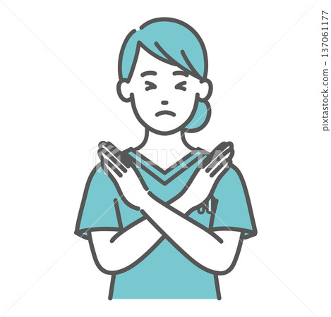 圖:一名身穿手術服的女醫護人員做出鼻胃管手勢(上身) 圖:一名身穿手術服的女醫護人員做出鼻胃管手勢(上身) 137061177
