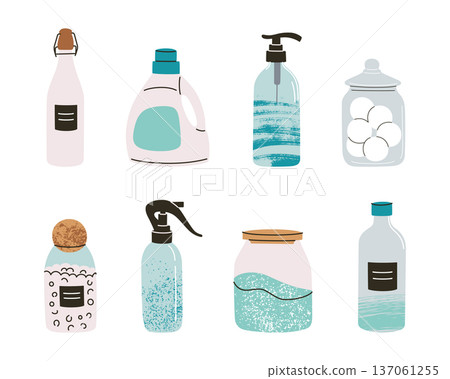 Cleaning supplies in bottles and jars. Vector illustration with detergent, soap dispenser, laundry products. Flat cartoon style for household, hygiene design. Collection of containers for home care Cleaning supplies in bottles and jars. Vector illustration with detergent, soap dispenser, laundry products. Flat cartoon style for household, hygiene design. Collection of containers for home care 137061255