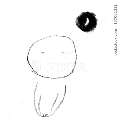 [Transparent Background] Monochrome line drawing of a figure standing quietly with eyes closed and a crescent moon. 137061331