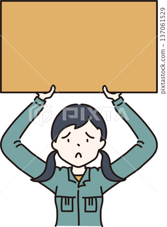 Illustration of a woman with a troubled expression wearing work clothes and holding a placard. Green uniform Illustration of a woman with a troubled expression wearing work clothes and holding a placard. Green uniform 137061529