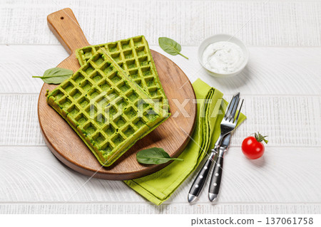 Green vegan spinach waffles top view 137061758