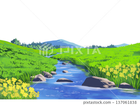 草地和溪流景觀 137061838