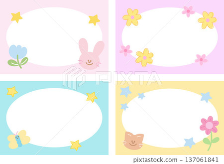 Cute pastel rectangle frame set with cat, bunny, butterfly, flowers, star pattern for floral print, polaroid photo, poster, notepad, sticky note, memo, banners, animals, border, nature and garden Cute pastel rectangle frame set with cat, bunny, butterfly, flowers, star pattern for floral print, polaroid photo, poster, notepad, sticky note, memo, banners, animals, border, nature and garden 137061841