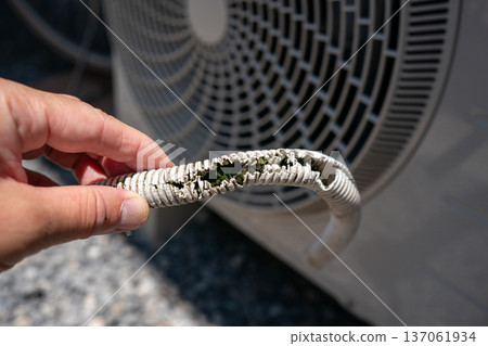 The drain hose of the air conditioner outdoor unit deteriorates and becomes tattered and damaged. 137061934