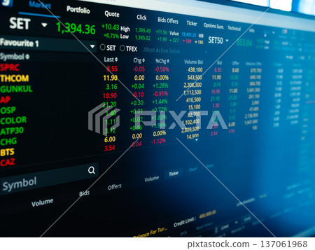 Graph Chart Stock Market Candle Stick Trade Business Data Growth Money Diagram blur Blue Background, Abstract Global Forex Bitcoin Crypto currency, Technology Analysis Exchange Profit Success. 137061968