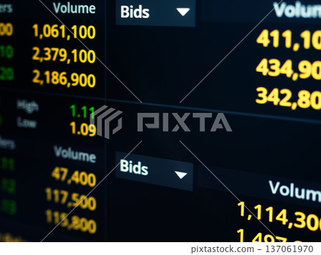 Graph Chart Stock Market Candle Stick Trade Business Data Growth Money Diagram blur Blue Background, Abstract Global Forex Bitcoin Crypto currency, Technology Analysis Exchange Profit Success. 137061970