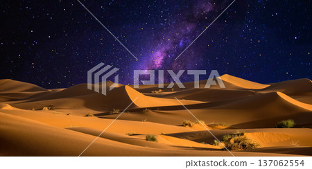 night landscape with desert dunes, starry sky and milky way in desert, abstract background. 137062554