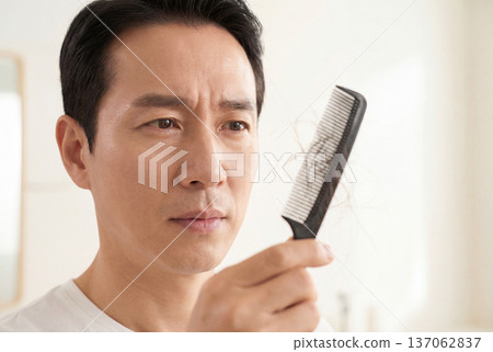 Middle aged asian man looking at hair loss on a comb with concern 137062837