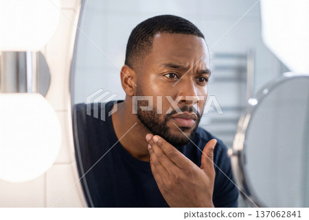 African american man checking his beard and skin in a bathroom mirror 137062841