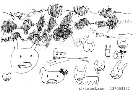 A monochrome hand-drawn illustration of various anthropomorphic animals and electrocardiogram-like zigzag lines drawn with a pen. A monochrome hand-drawn illustration of various anthropomorphic animals and electrocardiogram-like zigzag lines drawn with a pen. 137063332