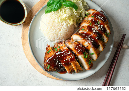Korean Chicken Katsu with Teriyaki Sauce and Rice Korean Chicken Katsu with Teriyaki Sauce and Rice 137063362
