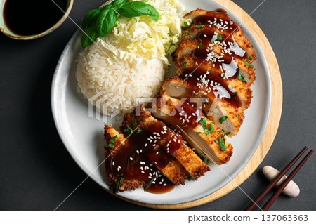 Korean Chicken Katsu with Teriyaki Sauce and Rice 137063363