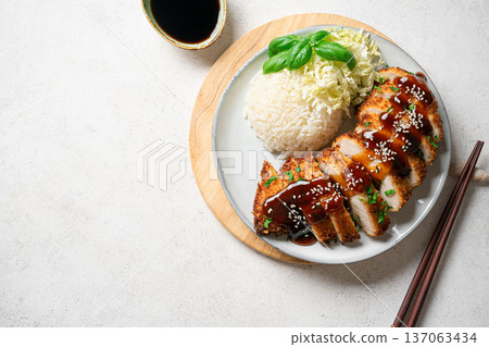 Korean Chicken Katsu with Teriyaki Sauce and Rice Korean Chicken Katsu with Teriyaki Sauce and Rice 137063434