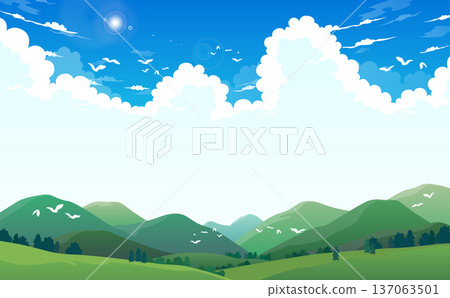 山脈、藍天和積雨雲（水平構圖） 137063501